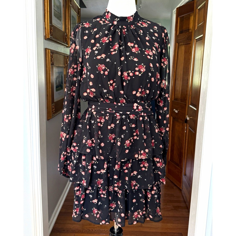 Lulus Zena Black Pink Floral Tie Back Tiered Mini Dress High Neck XL NWT